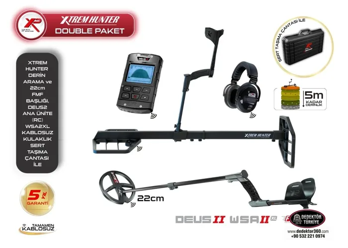 XP Xtrem Hunter Dedektör-22cm FMF Başlık DEUS 2 Ana Kontrol Ünitesi ve WSA2XL Kulaklık (Double Paket)